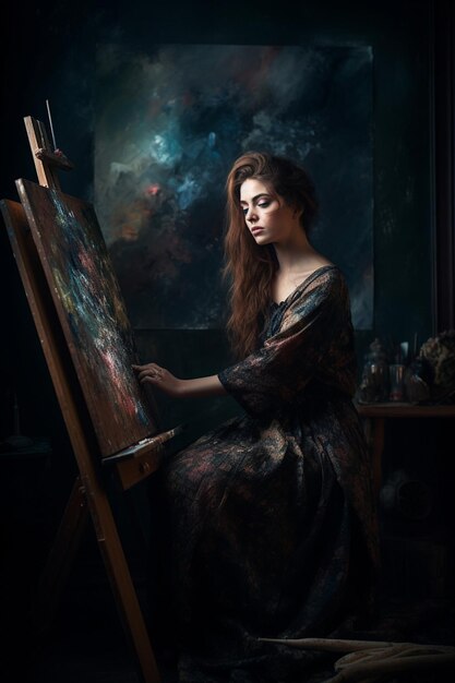 Una donna si siede su un cavalletto davanti a un dipinto.