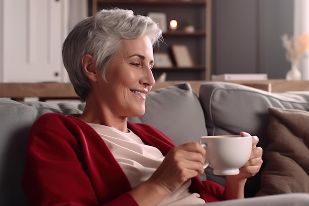 Una donna si siede su un divano con in mano una tazza di caffè.