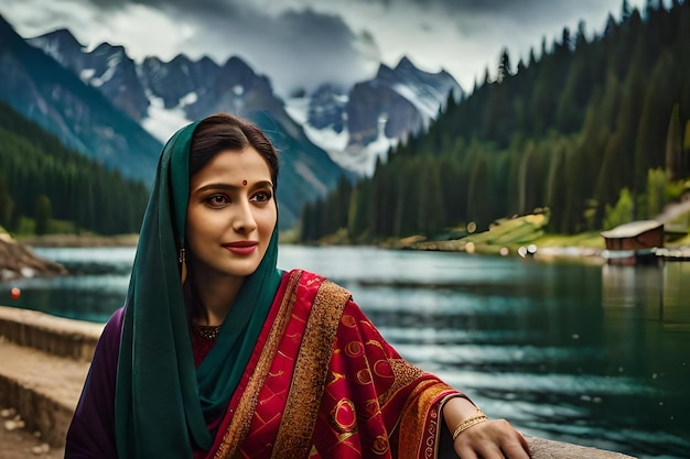 Una donna si siede su un molo di fronte alle montagne.