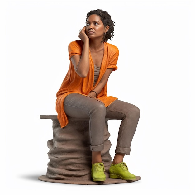 Una donna si siede su un oggetto di legno con una mano sul fianco.