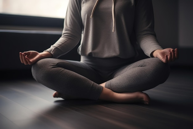 Una donna si siede su un pavimento di legno duro in una posa yoga.