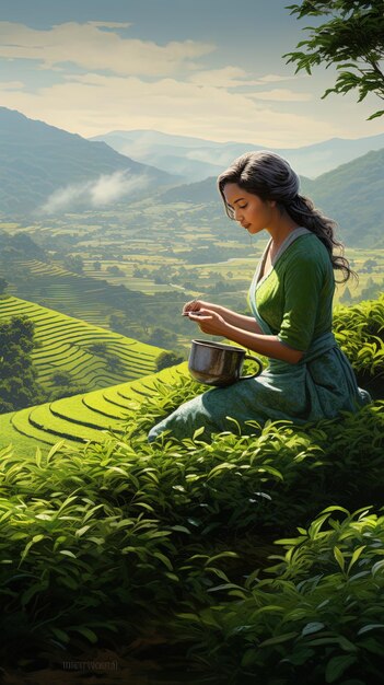 una donna si siede su una collina con una tazza di tè