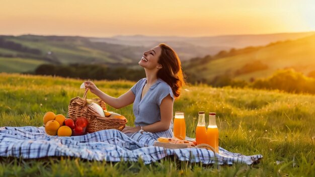 una donna si siede su una coperta con un cesto di frutta e un cesto de frutta