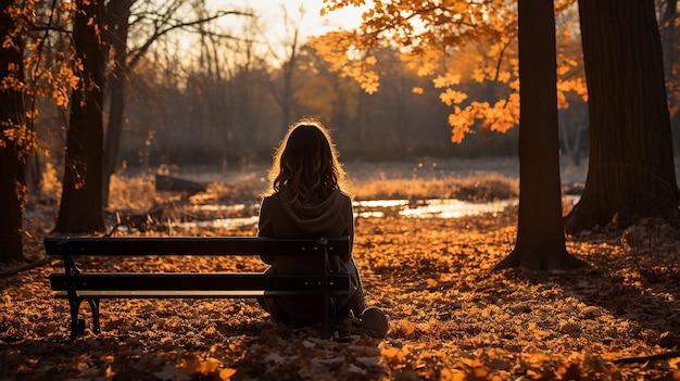 una donna si siede su una panchina in un parco con un albero sullo sfondo.