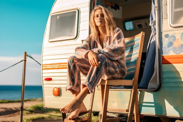 Una donna si siede su una sedia davanti a un camper.