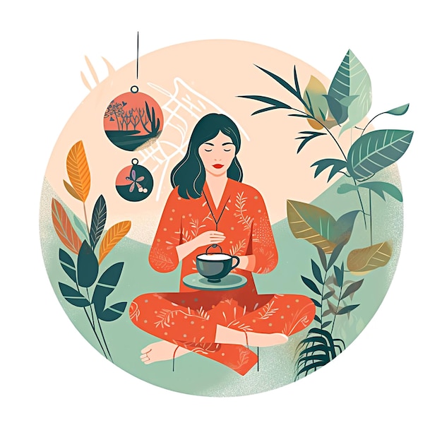 Una donna si siede su una sedia e beve il tè.