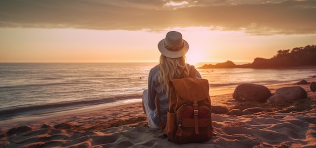 Una donna si siede su una spiaggia con uno zaino e guarda il tramonto.