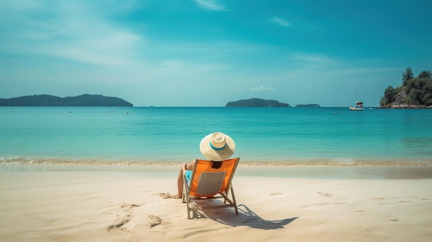 Una donna si siede su una spiaggia su una sedia con un cappello.