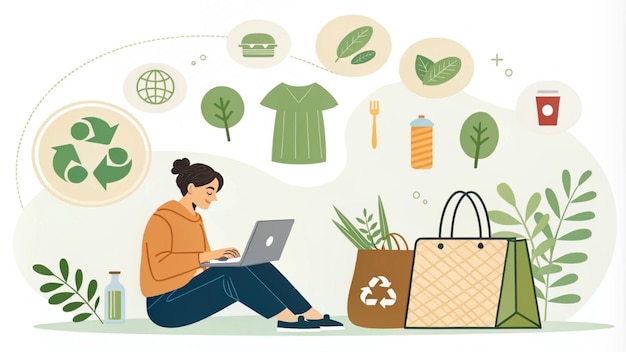 una donna si siede sul pavimento con una borsa della spesa e una borsa delle spesa