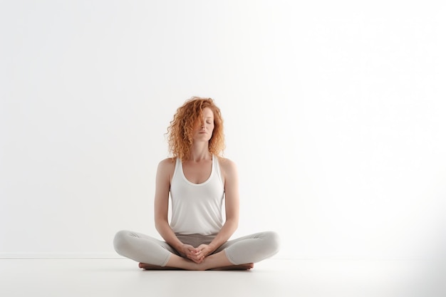 Una donna si siede sul pavimento in una posa yoga.