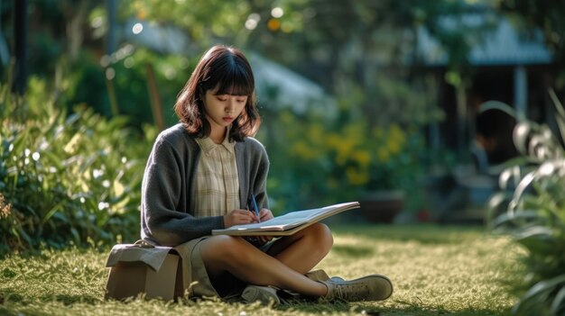 Una donna si siede sull'erba davanti a una scatola che dice "sono uno scrittore"