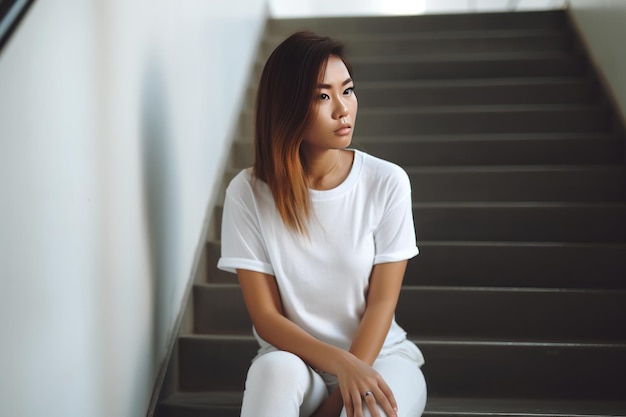 Una donna si siede sulle scale vestita di bianco