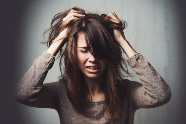 Una donna si strappa i capelli per l'ansia di fronte ai problemi generati da Ai