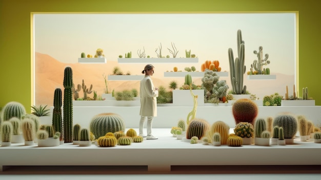 Una donna si trova davanti a un'esposizione di cactus e cactus.