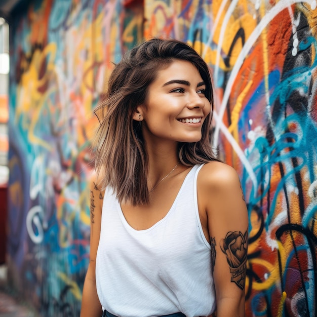 Una donna si trova davanti a un muro di graffiti