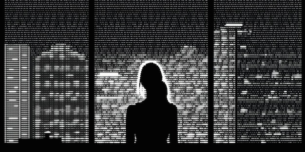 Una donna si trova davanti a una finestra con la città sullo sfondo.