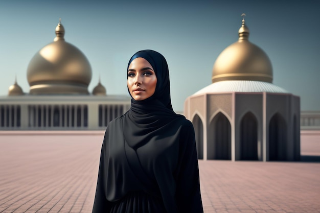 Una donna si trova davanti a una moschea con una cupola d'oro sullo sfondo.