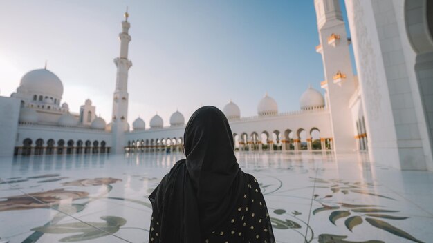 Una donna si trova davanti a una moschea