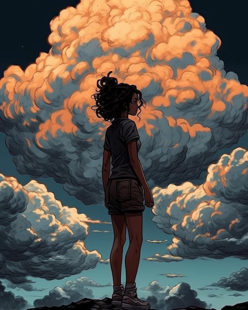 Una donna si trova davanti a una nuvola che dice "il cielo è una tempesta"