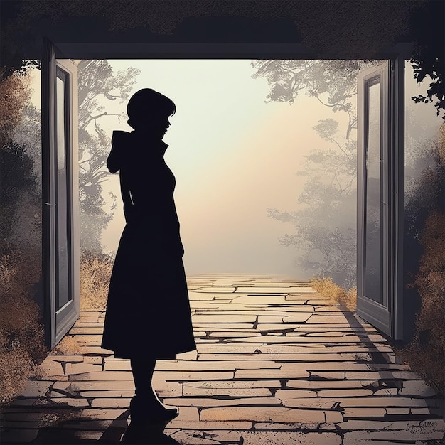 una donna si trova davanti a una porta con la sagoma di una donna in piedi di fronte ad essa.