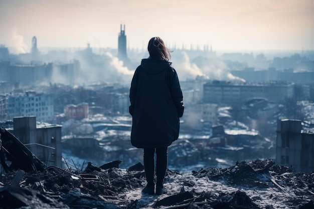 Una donna si trova davanti alle rovine della sua città guardando il paesaggio devastato da dietro.
