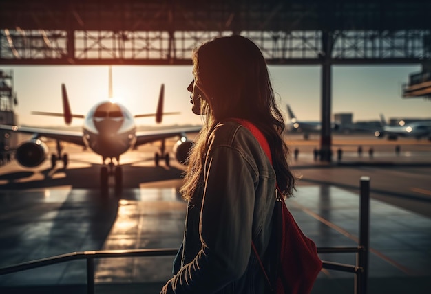 Una donna si trova di fronte a un aereo in un aeroporto.