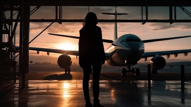 Una donna si trova di fronte a un aeroplano al tramonto.