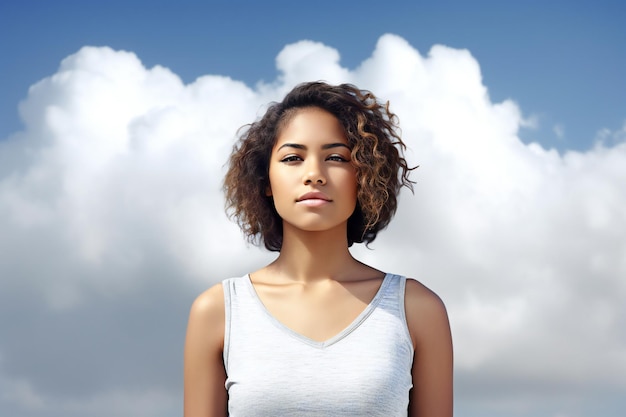 Una donna si trova di fronte a un cielo blu con nuvole