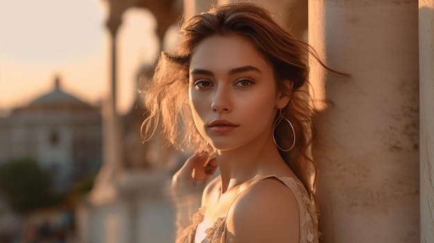 Una donna si trova di fronte a un edificio con un tramonto sullo sfondo.