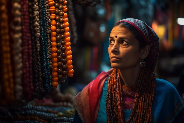 Una donna si trova di fronte a un mercato che vende perline.