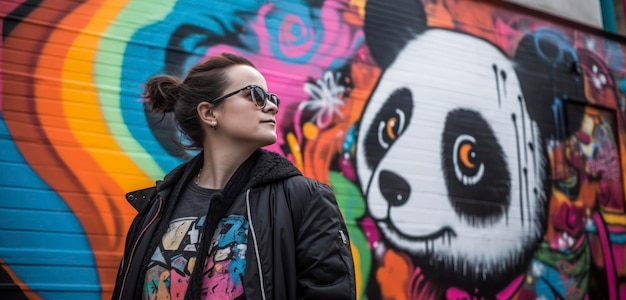 Una donna si trova di fronte a un murale di panda