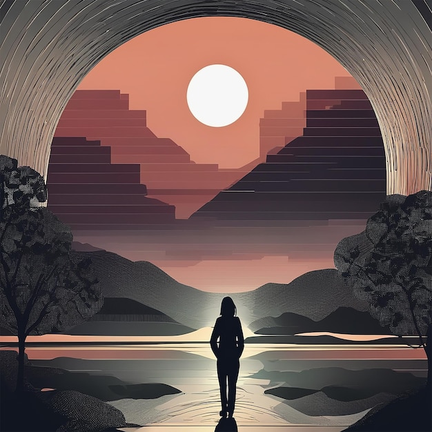 una donna si trova di fronte a un tramonto con la sagoma di una montagna sullo sfondo.
