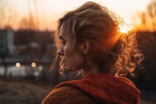 Una donna si trova di fronte a un tramonto e guarda l'orizzonte.