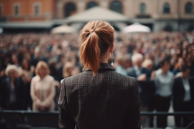 Una donna si trova di fronte a una folla di persone, la parola donne davanti a lei.