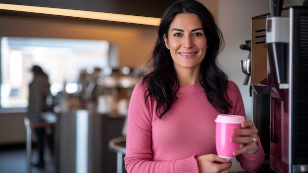 Una donna si trova di fronte a una macchina da caffè nell'angolo della hall