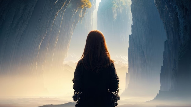 Una donna si trova di fronte a una montagna e guarda una cascata