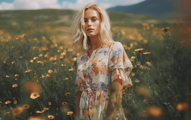 Una donna si trova in un campo di fiori.