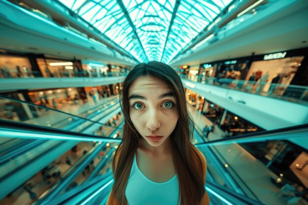 Una donna si trova in un centro commerciale affollato a fissare la telecamera con curiosità e meraviglia
