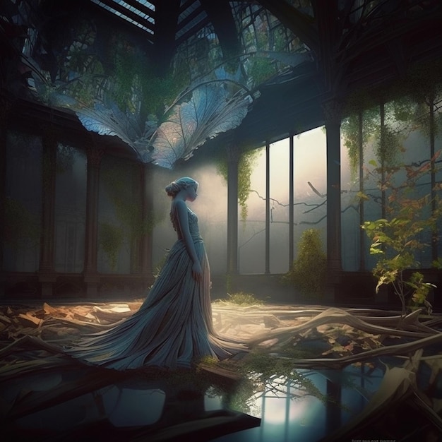 Una donna si trova in un edificio abbandonato con un albero che cresce fuori dalla finestra.
