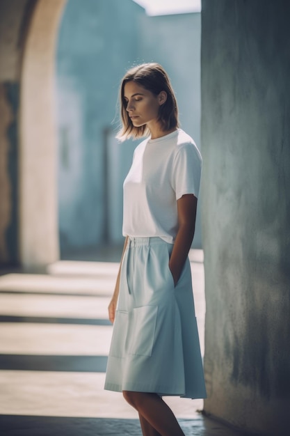 Una donna si trova in un vicolo buio con indosso una camicia e una gonna bianche.