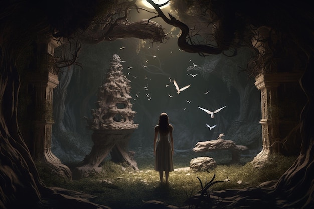 Una donna si trova in una caverna buia con una scena di foresta e un albero con uccelli bianchi che volano intorno a lei.
