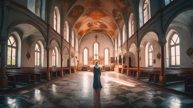 Una donna si trova in una chiesa con una croce sul pavimento.