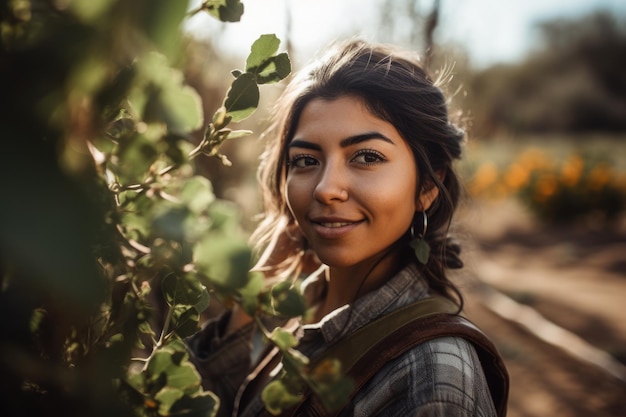 Una donna si trova in una foresta e sorride.