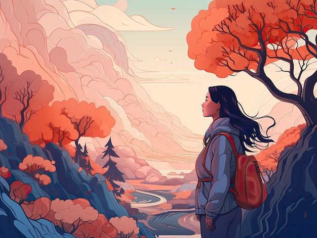 Una donna si trova in una foresta guardando un fiume e il cielo è arancione autunno all'aperto esplora il viaggio