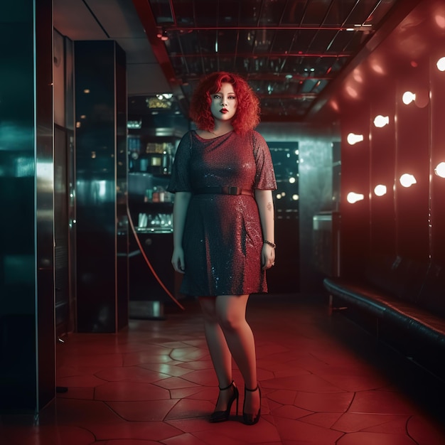 Una donna si trova in una stanza buia con luci alle pareti e un vestito rosso che dice "sono una ragazza"