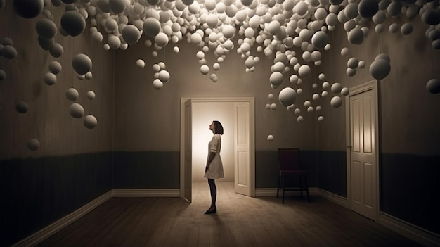 Una donna si trova in una stanza buia con un soffitto pieno di bolle come la parola "arte".