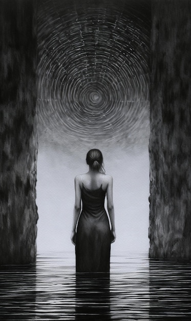 Una donna si trova in una stanza buia con un vestito nero sulla schiena e un cerchio di cerchi al centro.