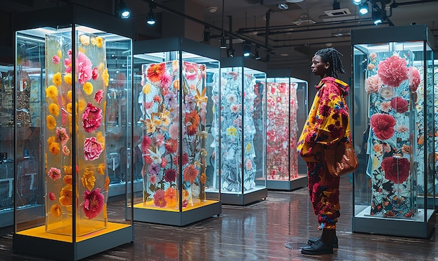 una donna si trova in una stanza con molti fiori di diversi colori