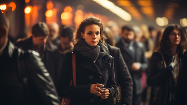 una donna si trova in una stazione della metropolitana con una folla di persone sullo sfondo.