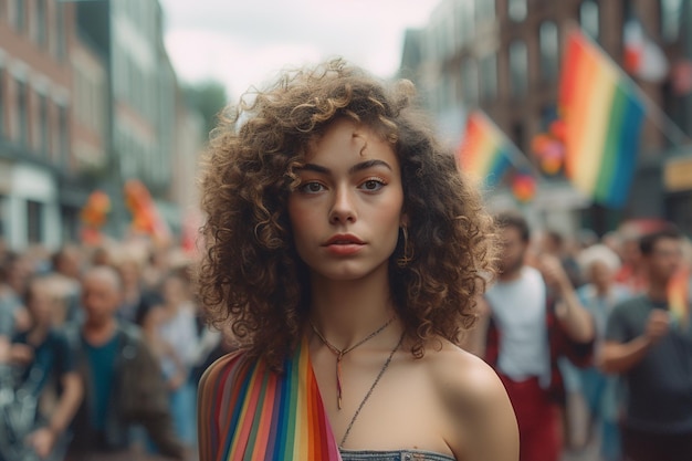 Una donna si trova in una strada con una bandiera arcobaleno sullo sfondo.